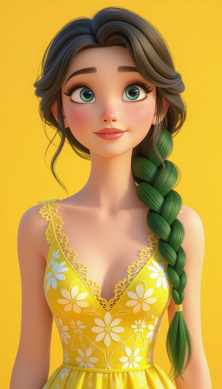 3D Cartoon Woman with Neon Green Hair