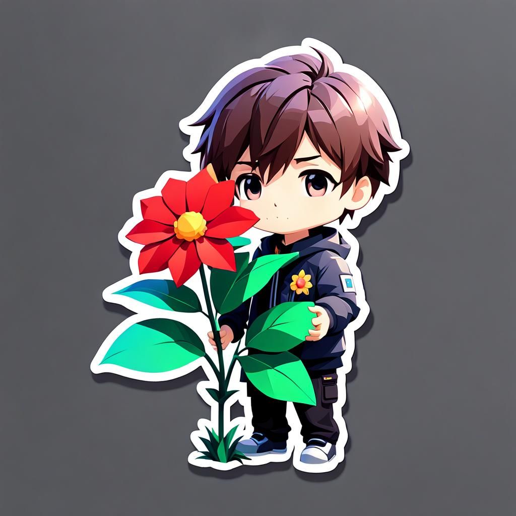 Chibi Boy with Flower, Low Poly Sticker