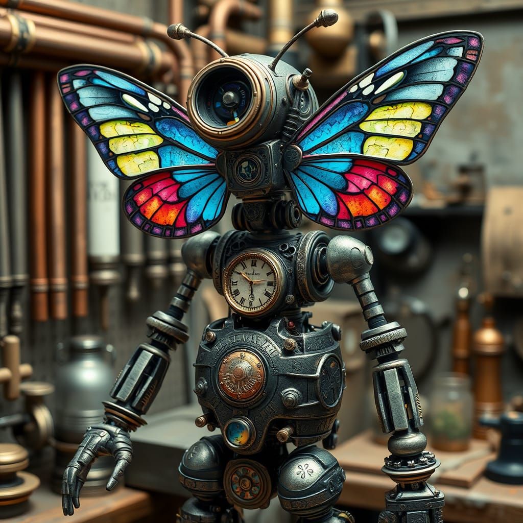 Steampunk Robot with Vaporwave Butterfly Wings