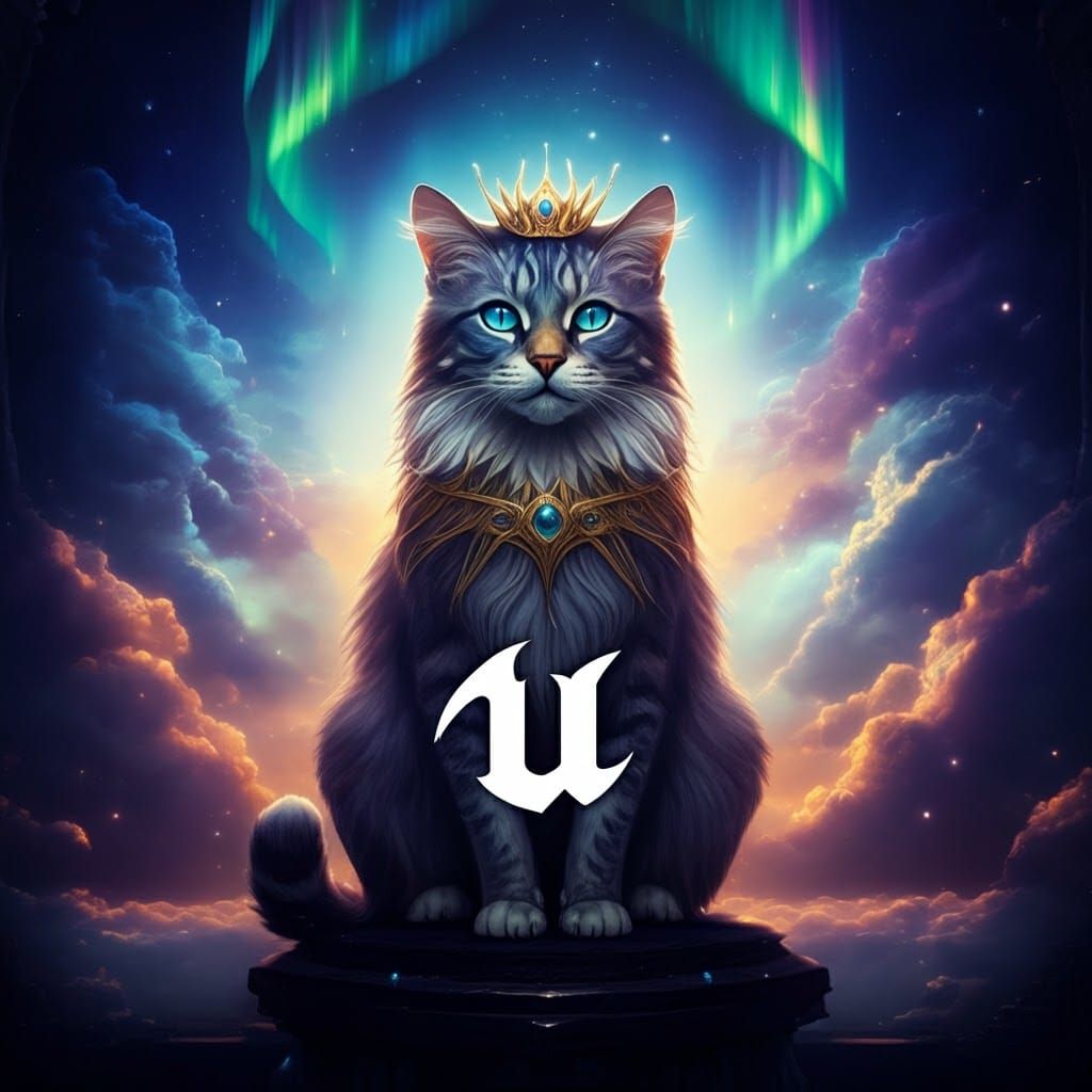 Regal Cat in Mystical Aurora Landscape