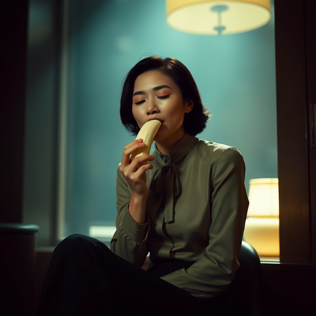 Woman Eats Banana in One Bite, Cinematic Lighting