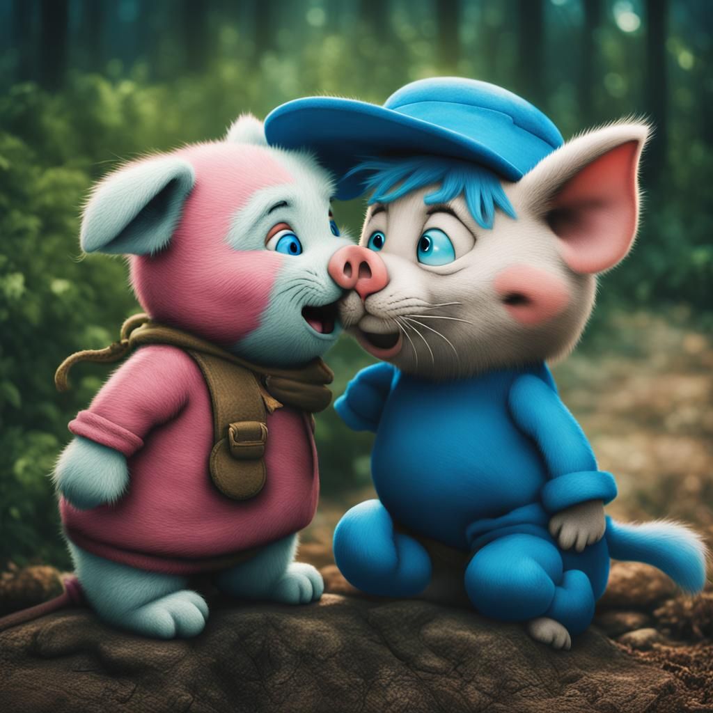 Peppa Pig and Smurf Cat Kissing: Cinematic Still