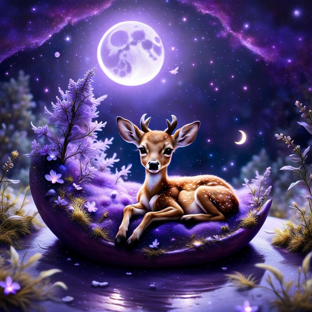 Dreamy Fantasy Landscape with Sleeping Baby Deer and Glowing...