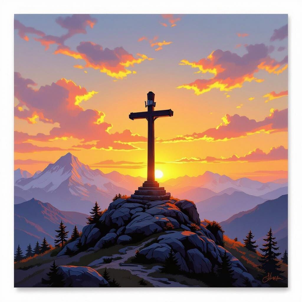 Mountain Cross at Sunrise in Romantic Style