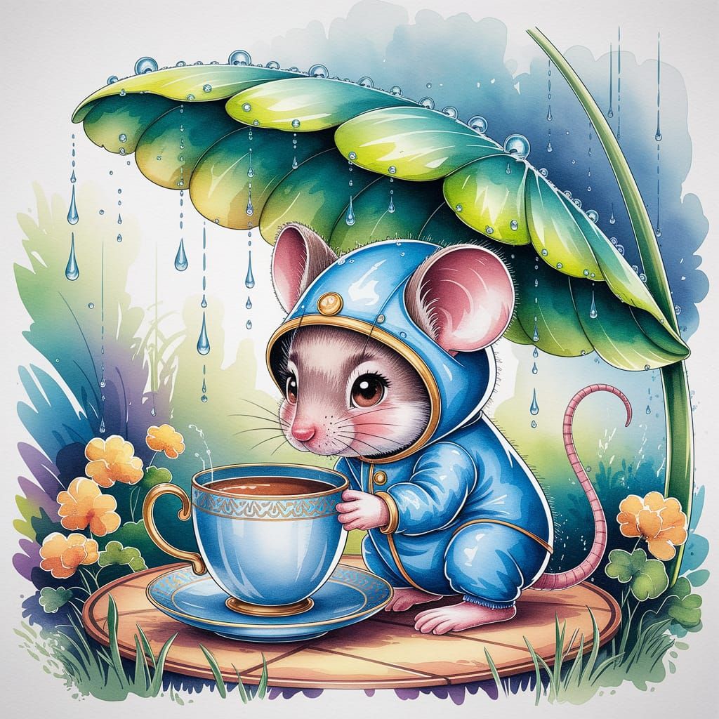 Cute Mouse in Rain Gear: Watercolor Illustration