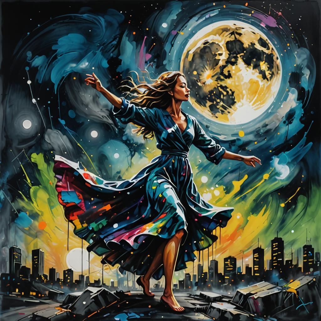 Woman Dancing Under Moon in Graffiti Splash Art