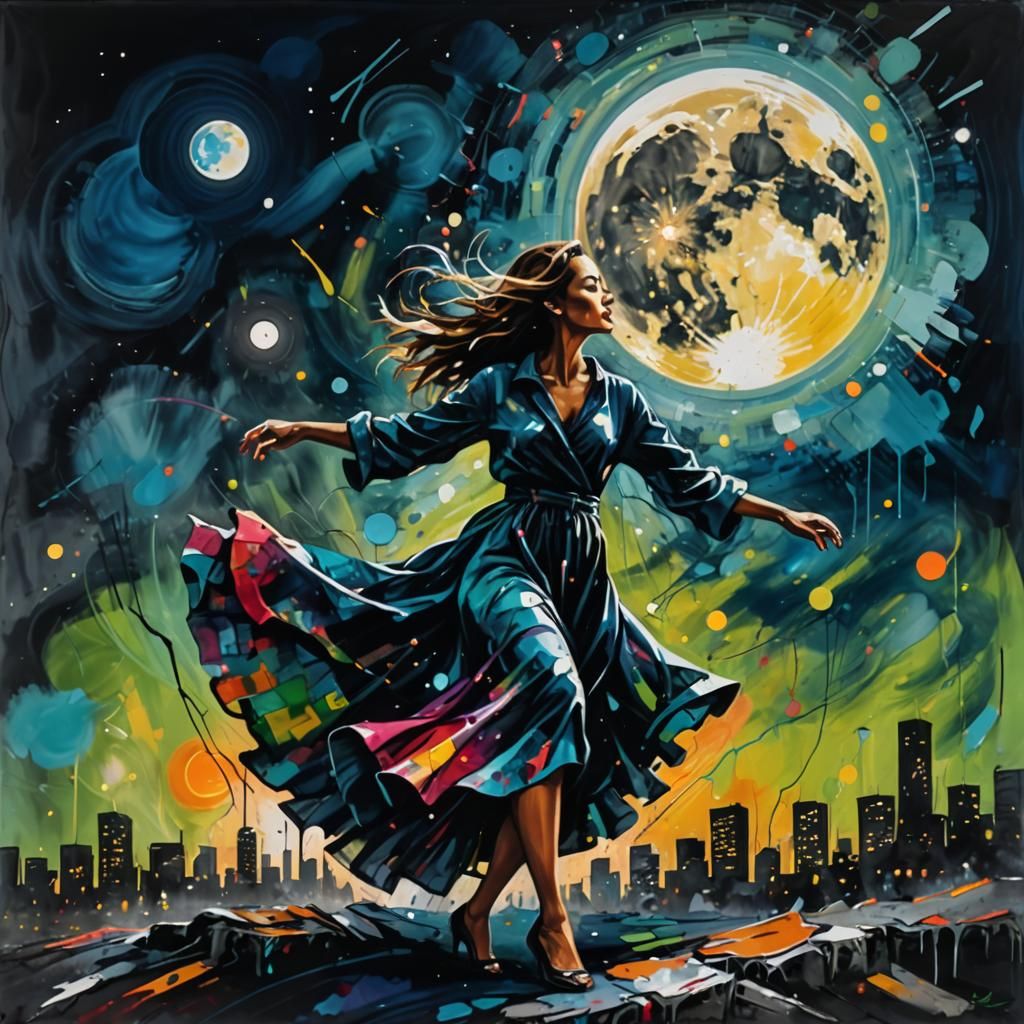 Woman Dancing Under Moon in Abstract Graffiti Art