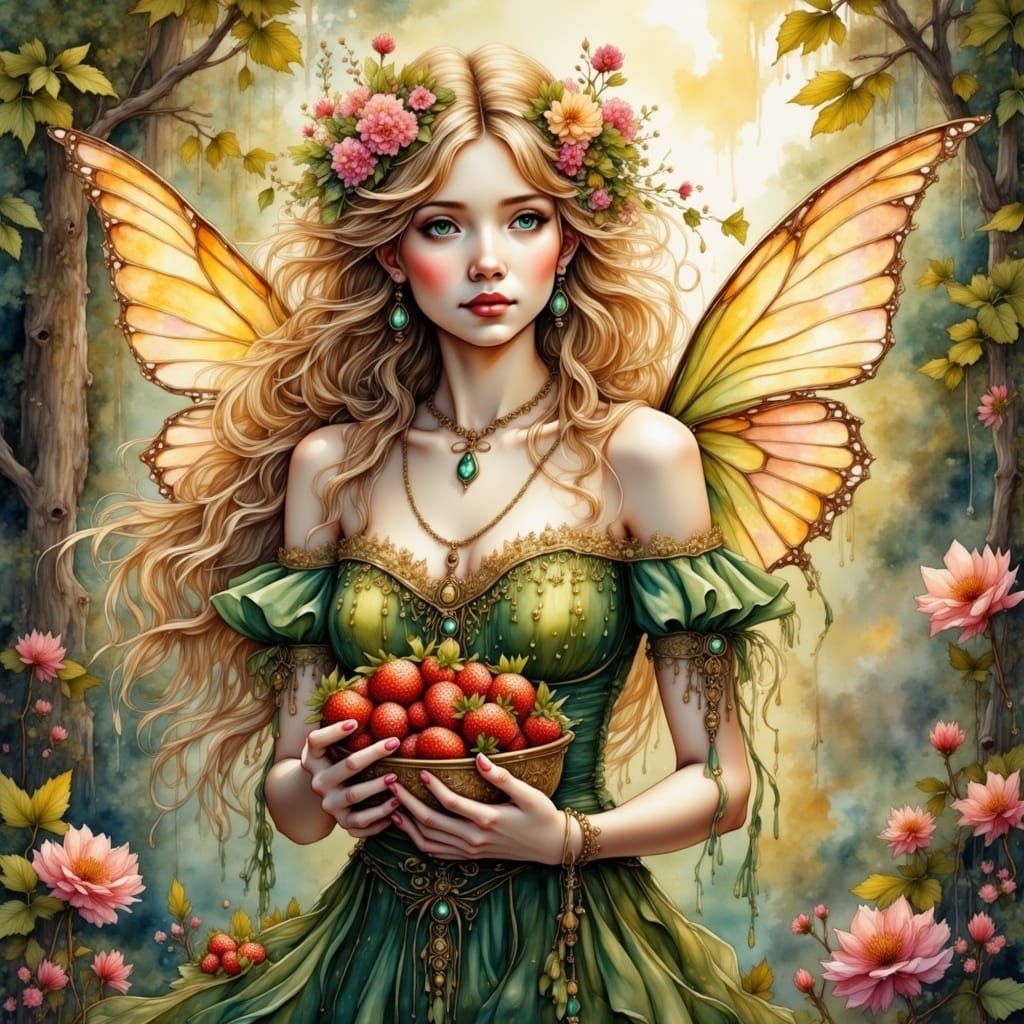 Strawberry Blonde Fairy Goddess in Watercolor Style