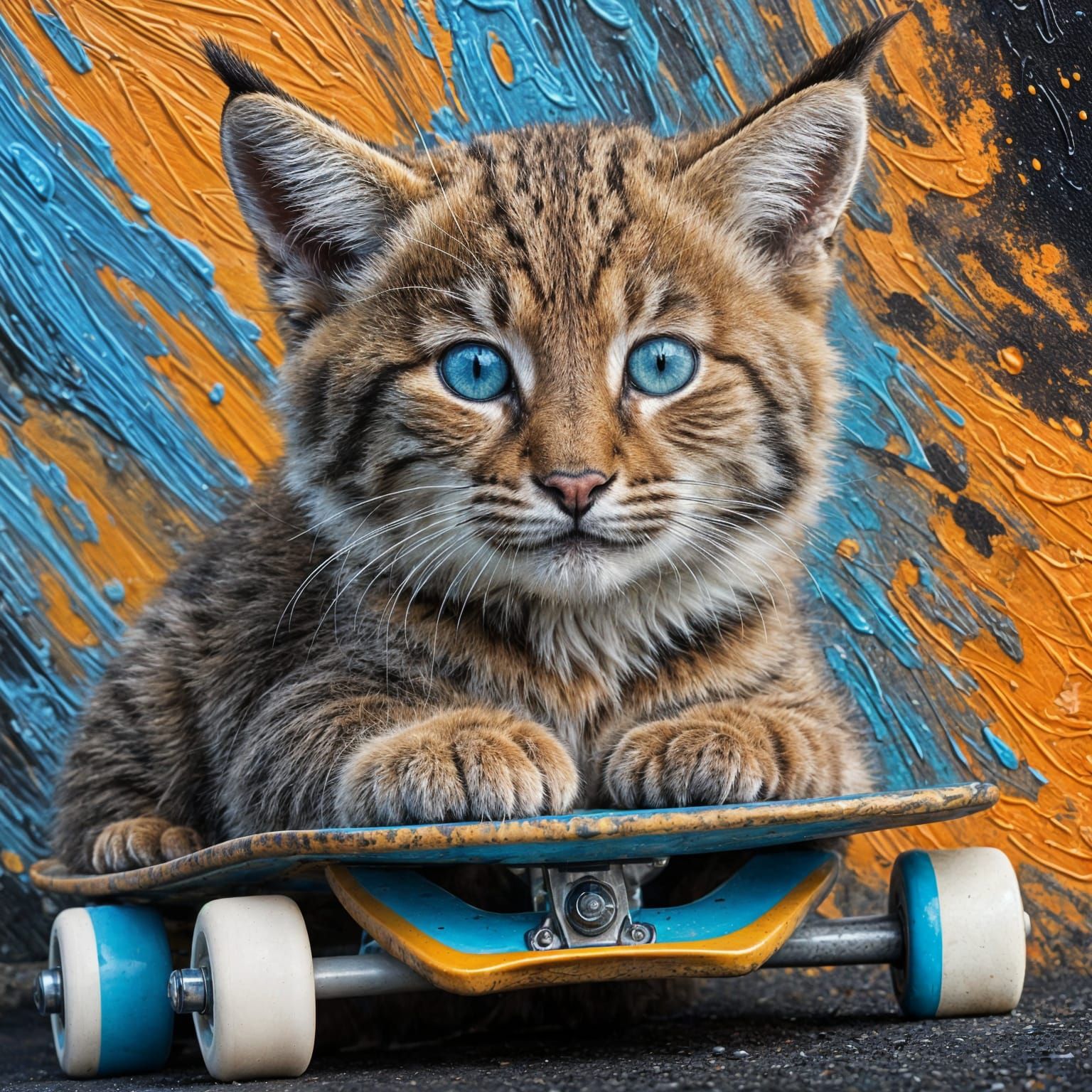 Colorful Bobcat Cub on Skateboard as Impasto Painting
