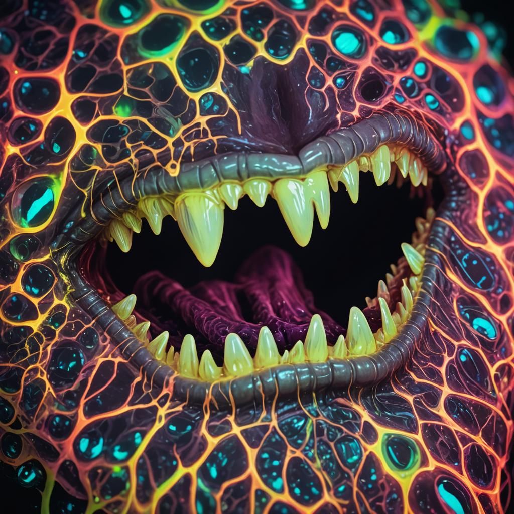 Glowing Saliva in Neon Horror Macro Photography