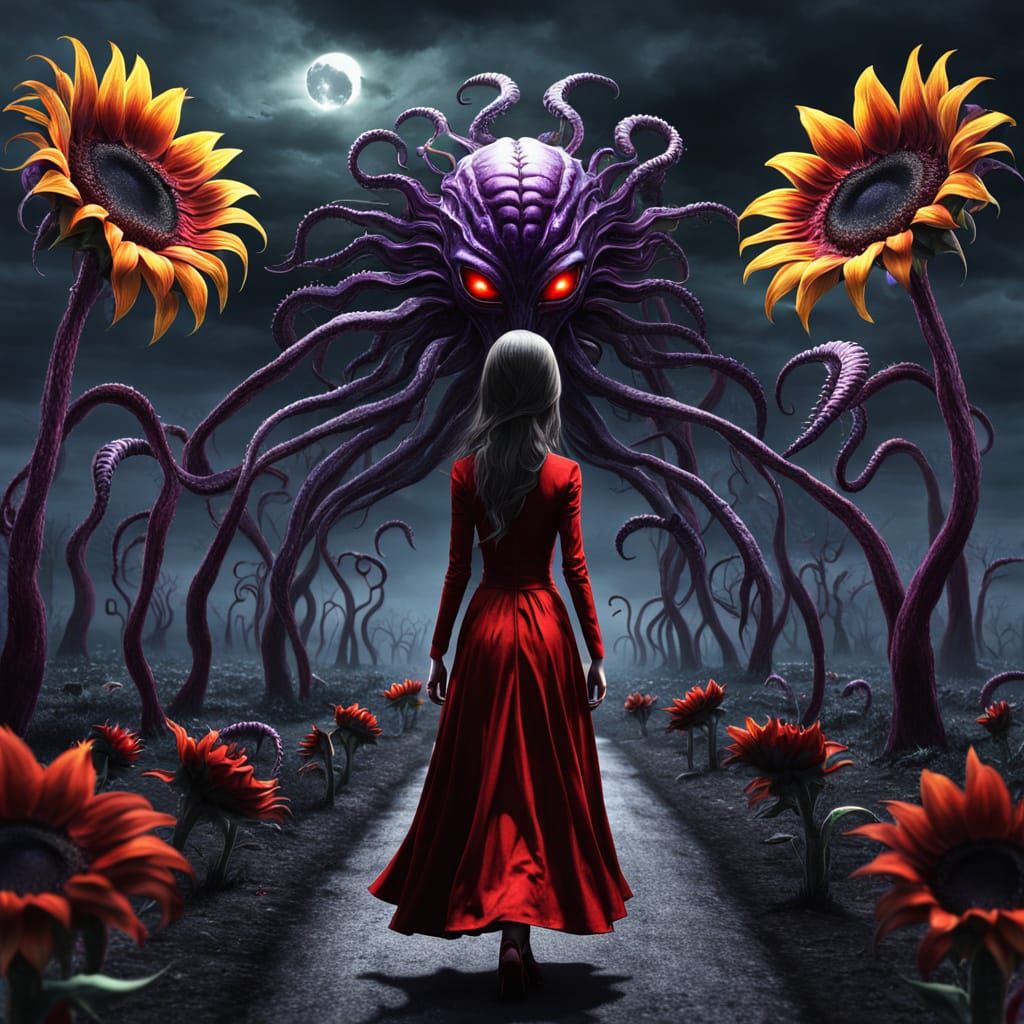 Alien Woman with Sunflowers: 3D Surreal Fantasy