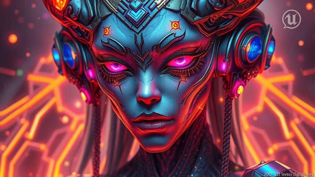 Ethereal Alien Tech-Witch in Vibrant, Triadic Colors