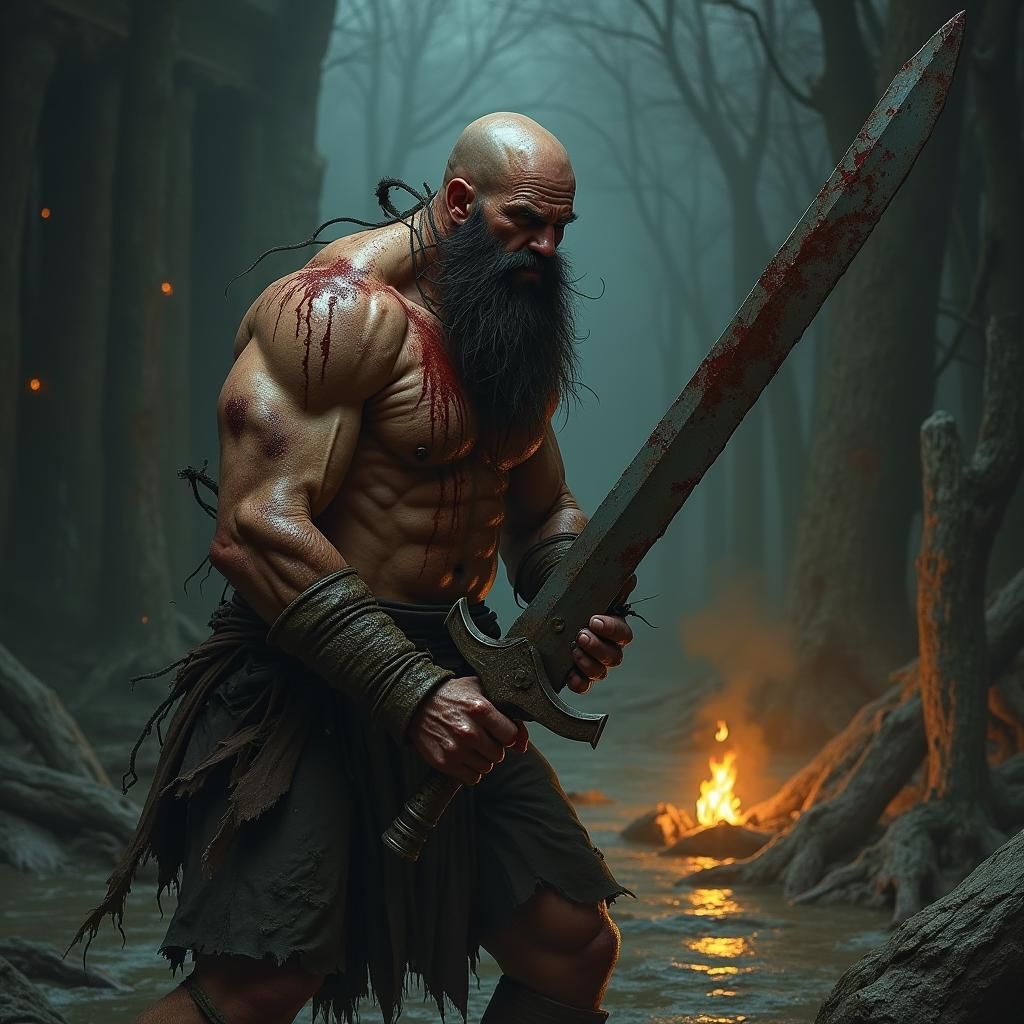 Grizzled Warrior with Rusty Sword in Dark Fantasy