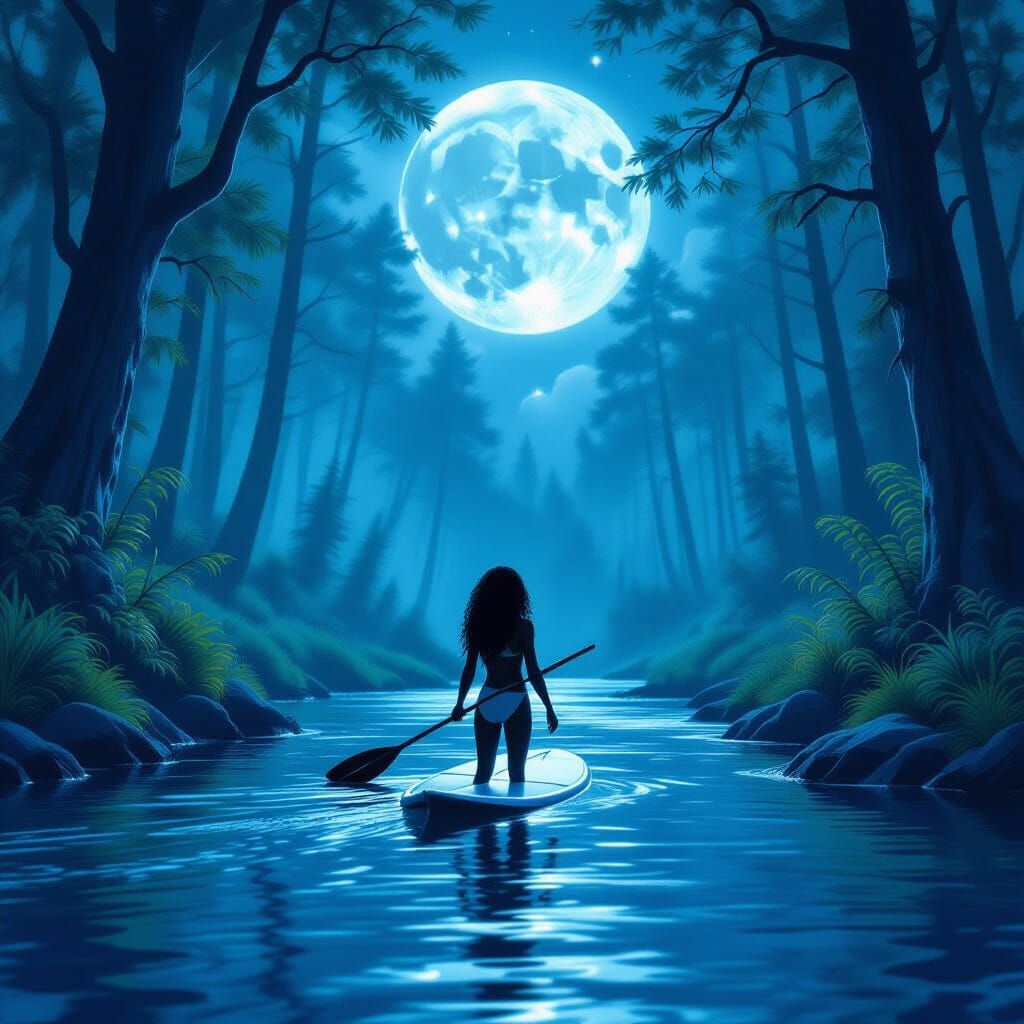 Black Female Surfer in Enchanted Forest Moonlight