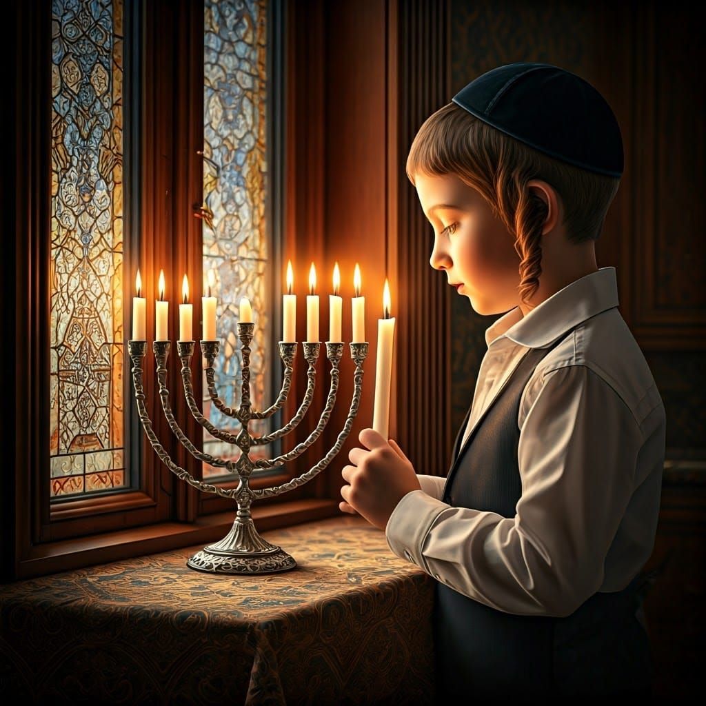 Traditional Haredi Boy Lights Menorah in Warm Cozy House