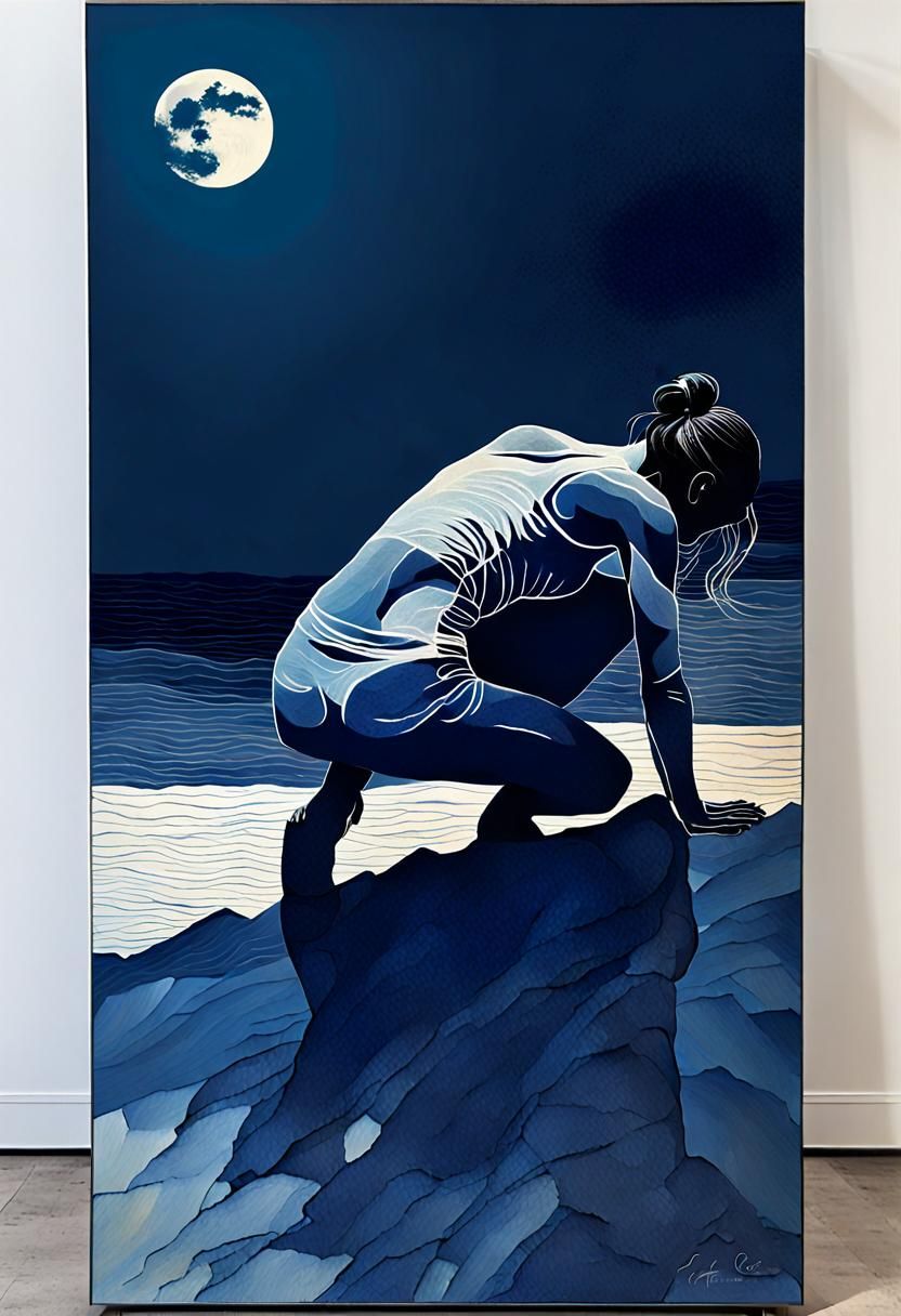 Minimalist Woman on Moonlit Seascape in Impasto Style
