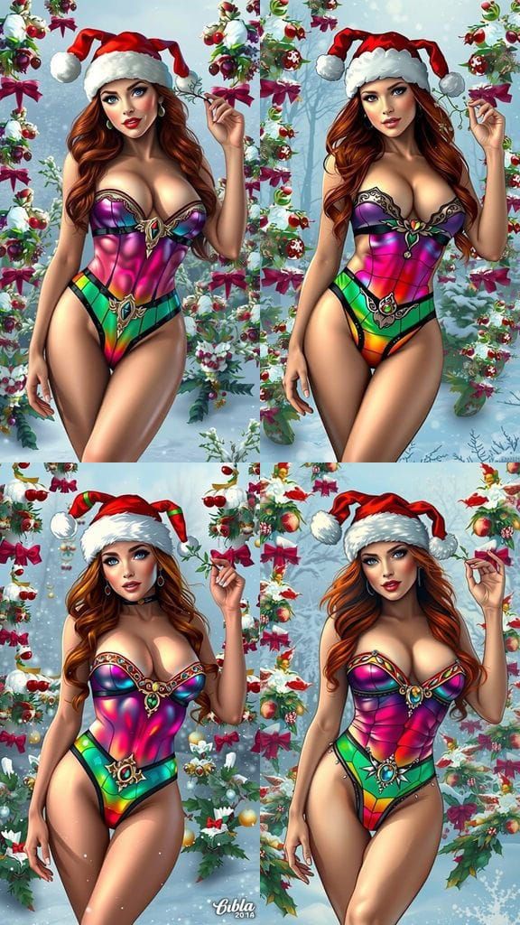 Classic Pinup Beauty Red Sonja in Festive Stained Glass Biki...