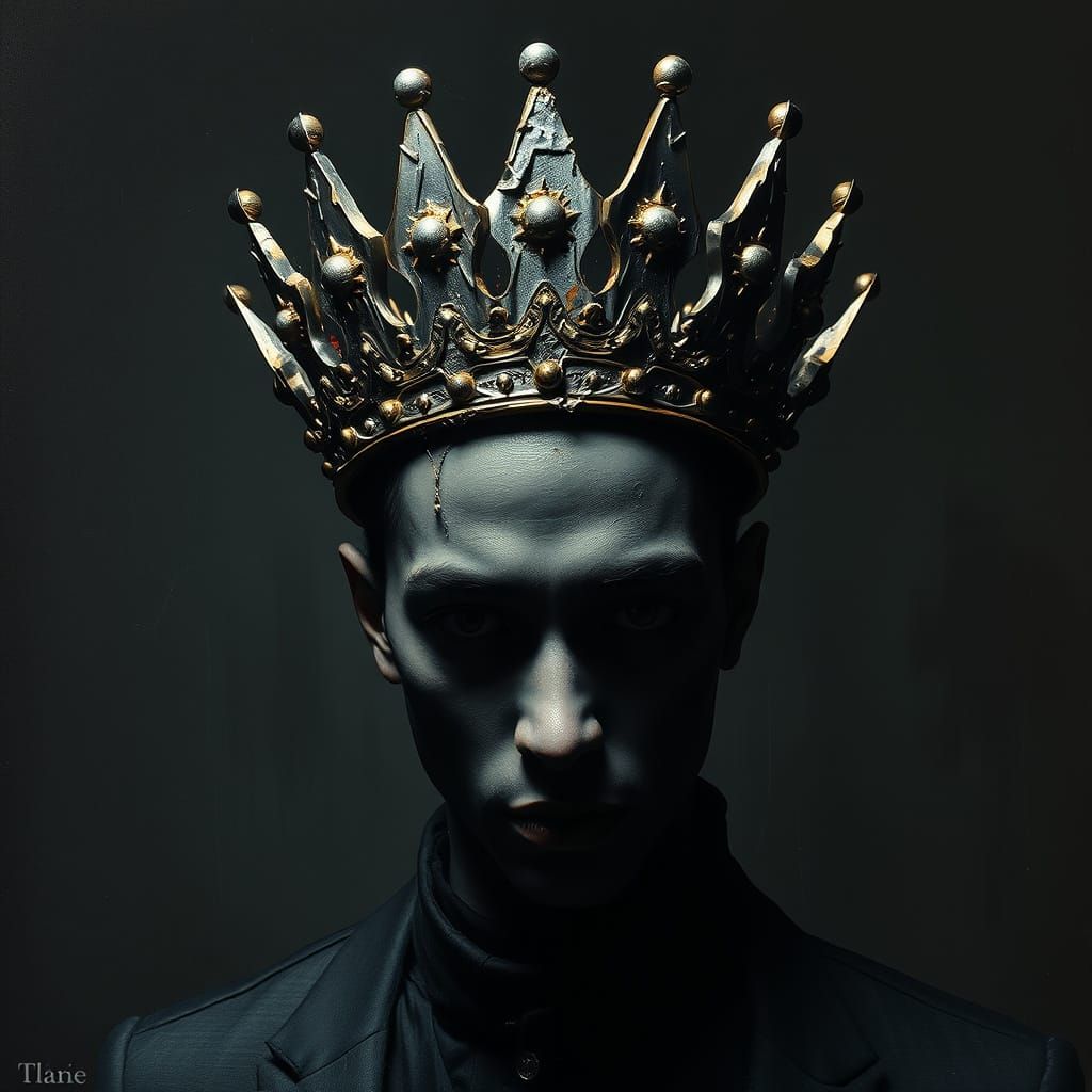 Mysterious Figure with Turbulent Crown in Dark, Moody Enviro...
