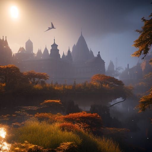 Enchanted Forest Path to Village in Dark Fantasy Style