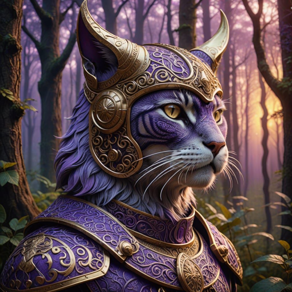 Viking Cat in Mystical Forest, Art Nouveau Style