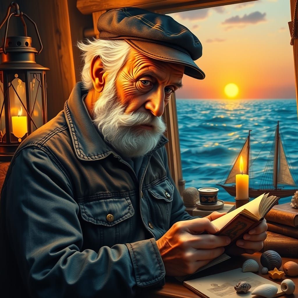 Sage Sailor Pens Sea-Faring Tales in Lantern-Lit Cabin