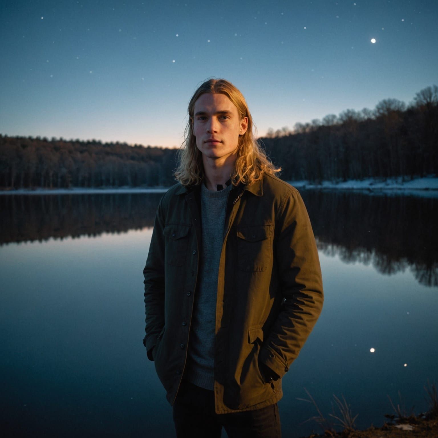 Young Man with Blond Hair by Winter Lake