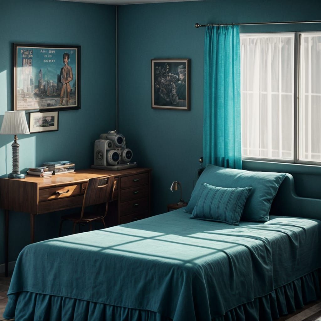 Blue Retrowave Bedroom in Raygun Gothic Style