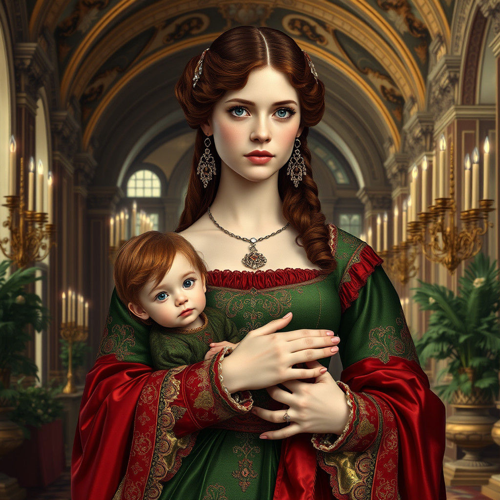 Renaissance Noblewoman with Children in Opulent Hall