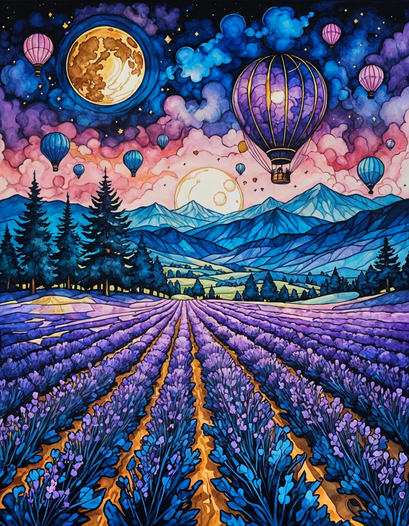 Dreamy Lavender Field at Twilight in Whimsical Art Style