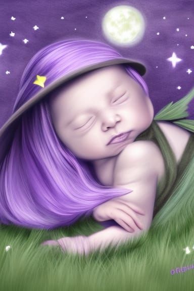 Baby Witch with Purple Hair Under Full Moon