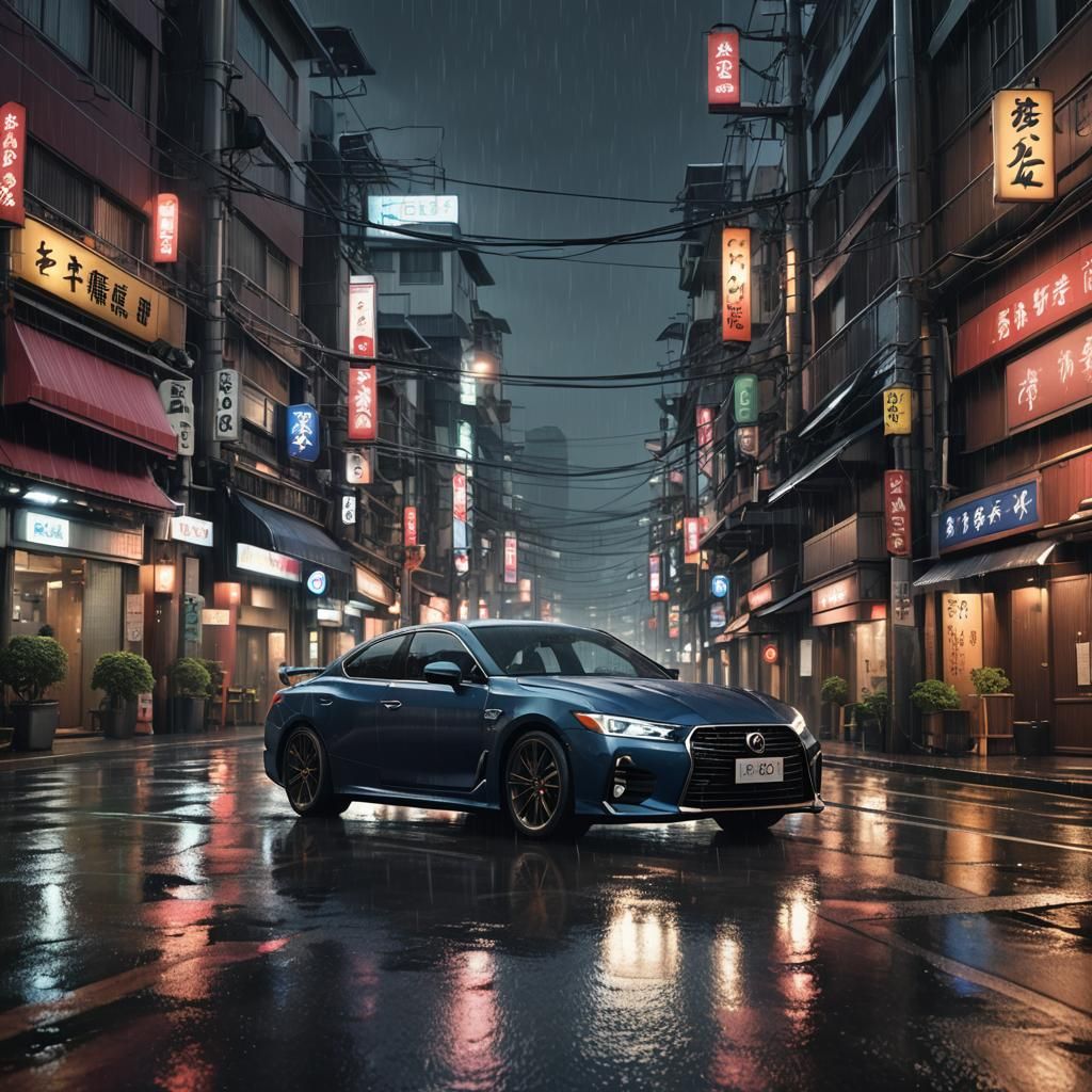 Luxury Car on Stormy Street: Fantasy Concept Art