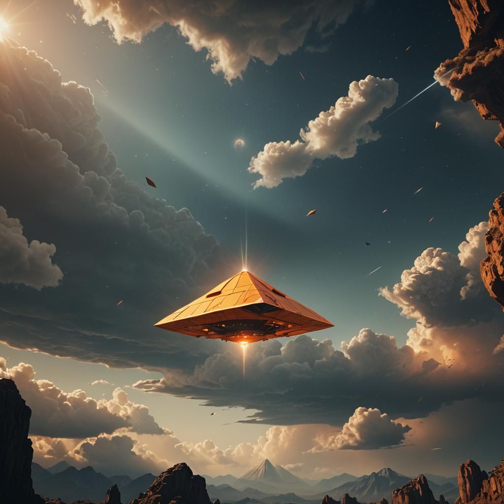 Orange Triangular UFO in Flight: Digital Matte Painting