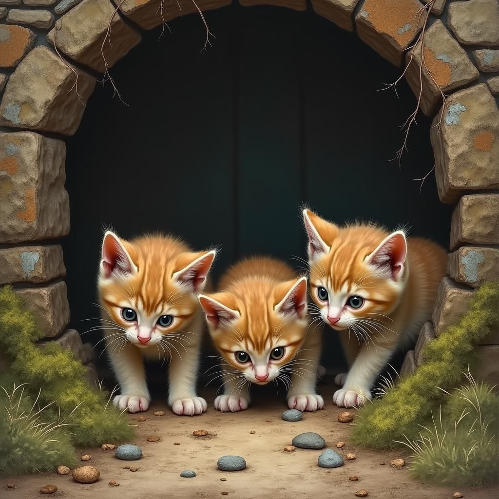 Kittens Discover Medieval Village Midden, Dreamlike Illustra...