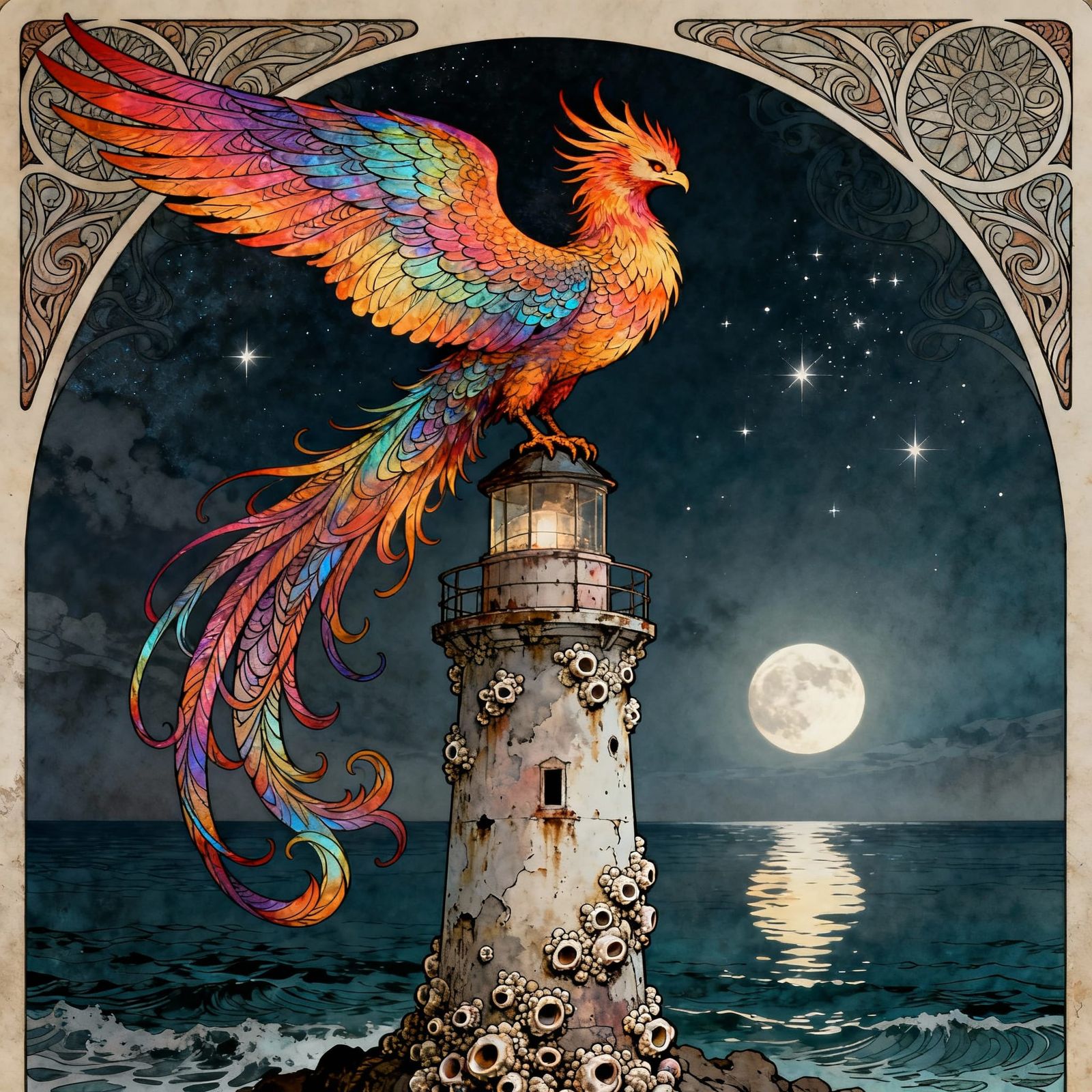 Majestic Phoenix on Lighthouse in Art Nouveau Style