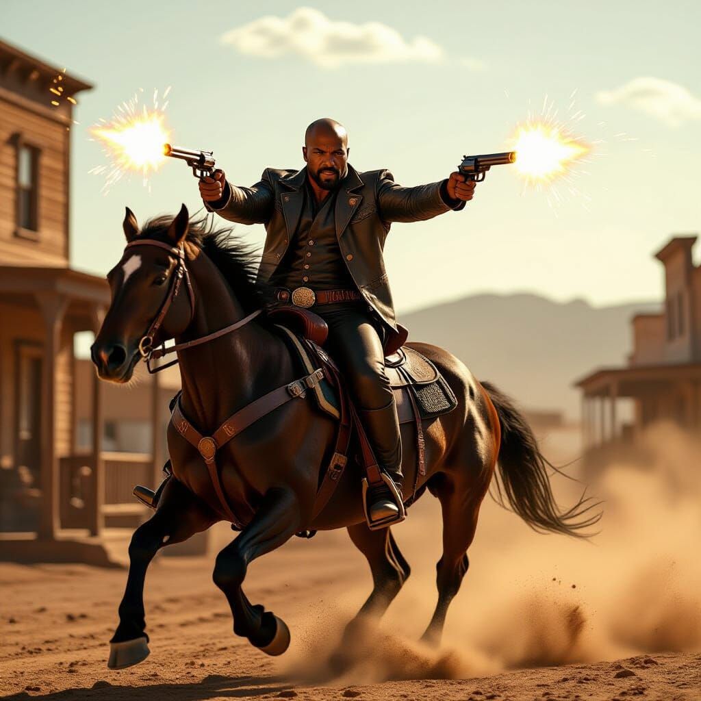 African American Cowboy Rides Horse Firing Six-Shooters in O...