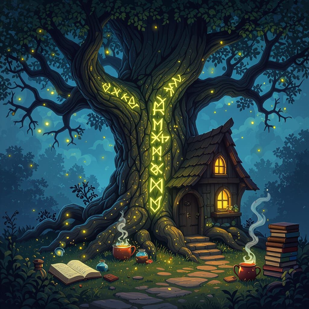 Ancient Rune Tree Cottage With Fireflies