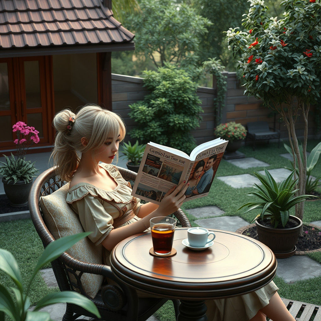 Blonde Woman Reading in Garden: Detailed Matte Painting