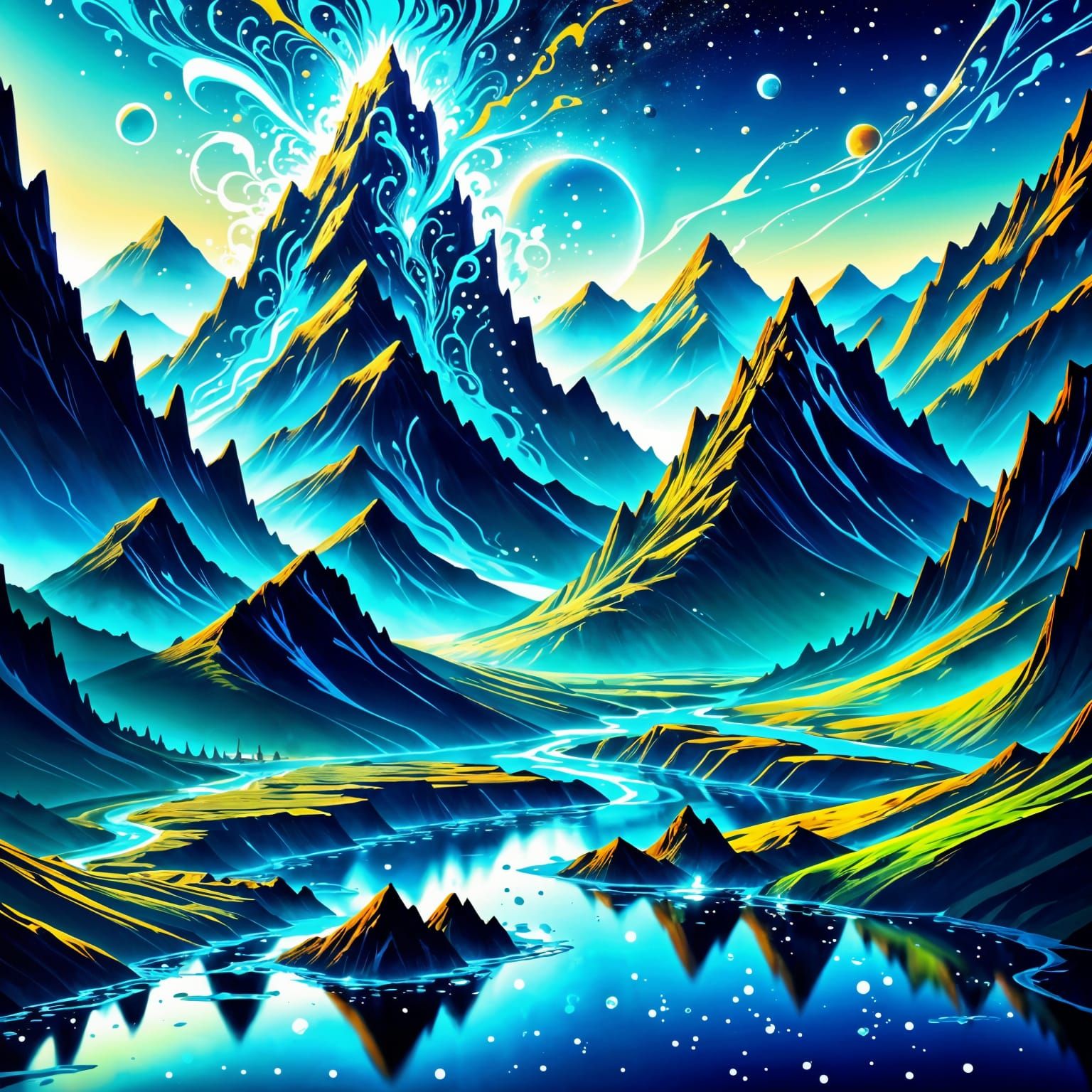 Luminescent Fantasy Hills with Cosmic Water Reflections