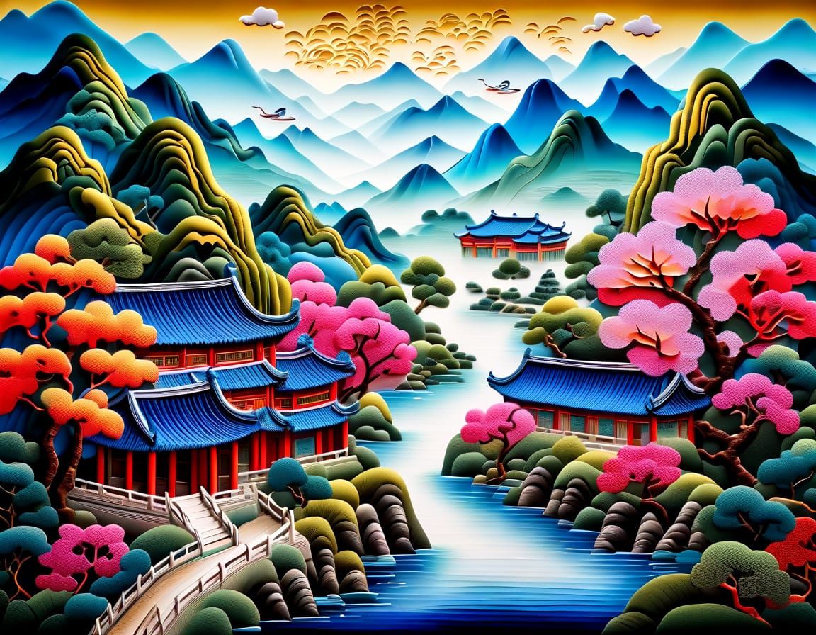 Traditional Chinese Silk Landscape Art in Vibrant Colors