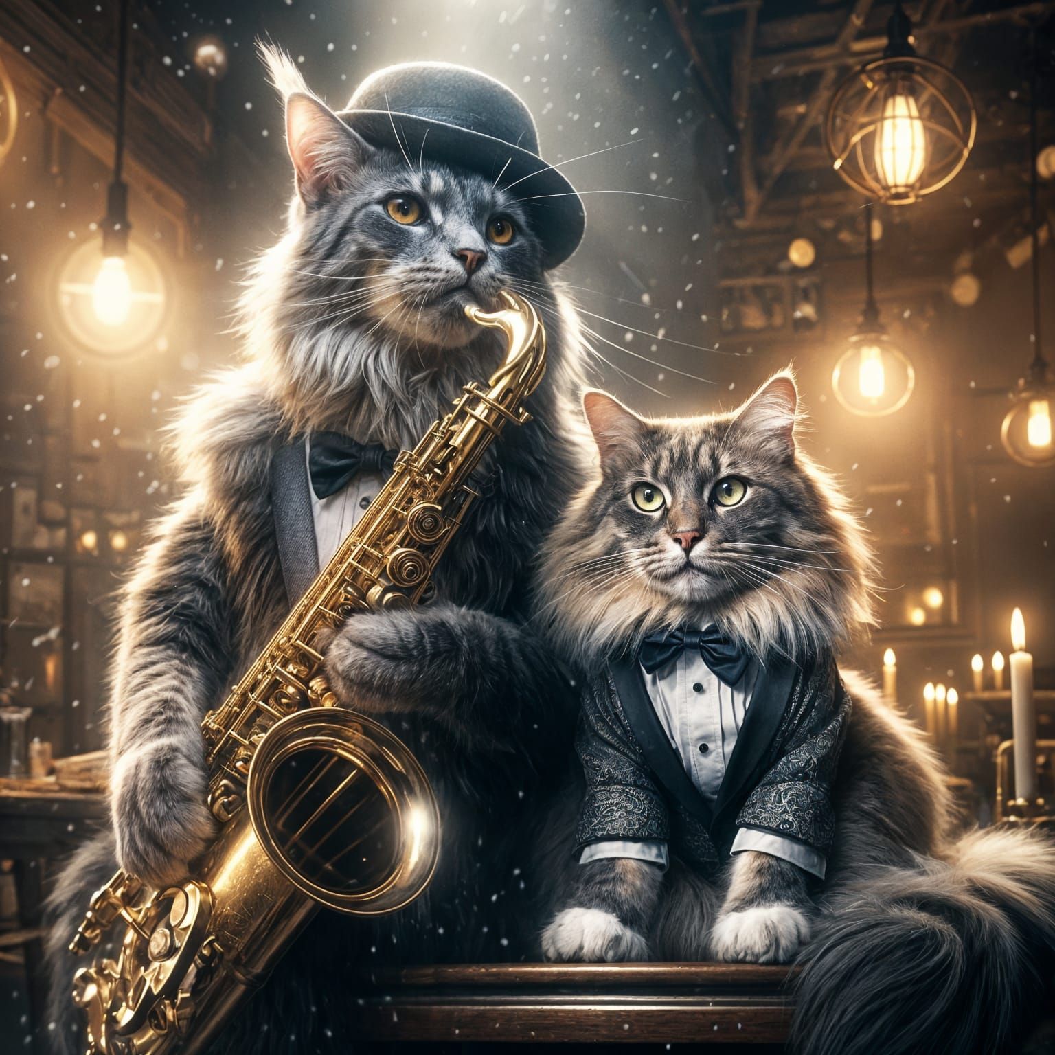 Cat Plays Saxophone in Cozy Jazz Cafe