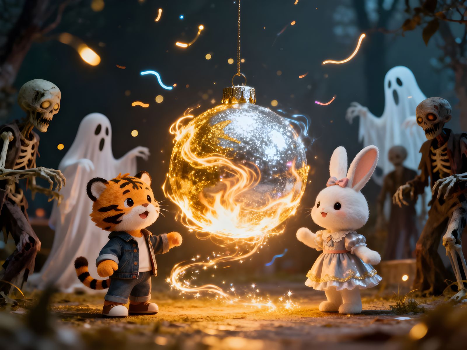 Cute Tiger & Rabbit Kids at Spooky New Year's Ball