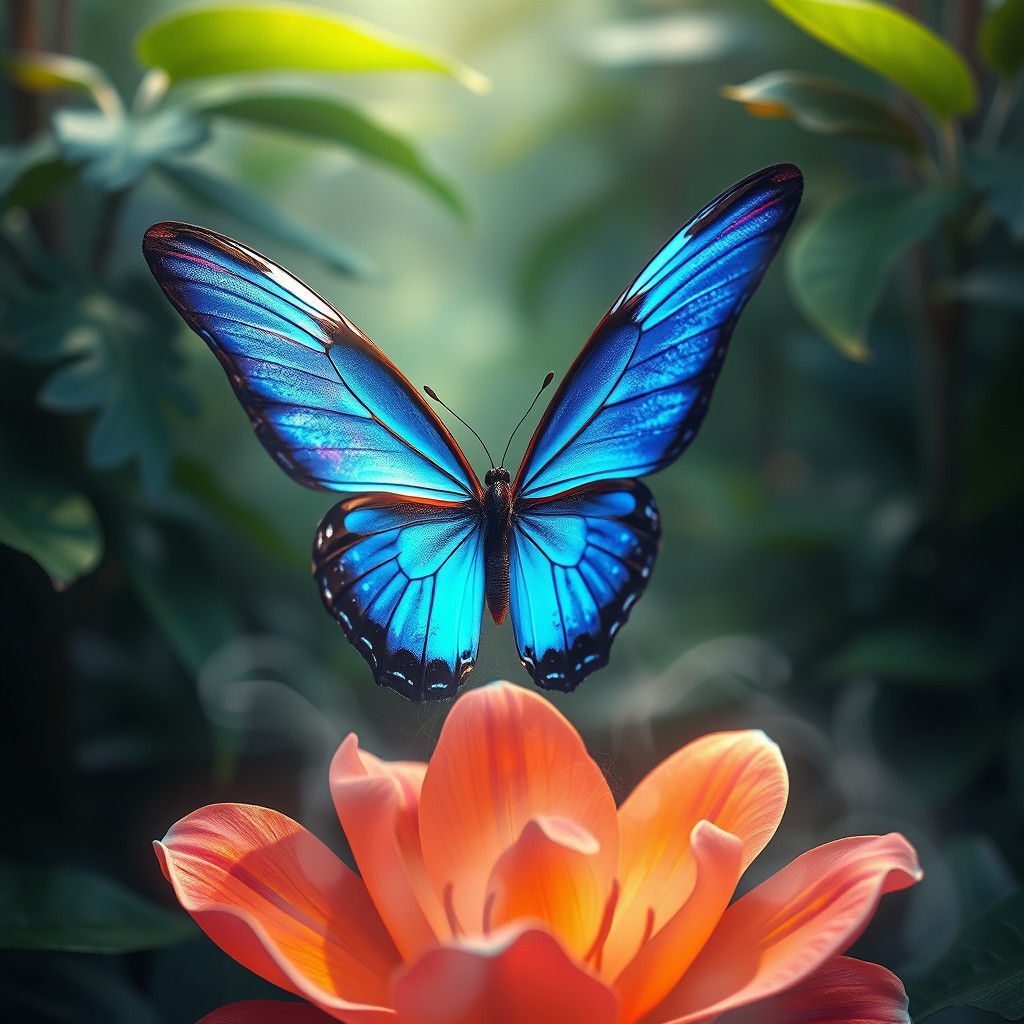 Blue Morpho Butterfly on Iridescent Flower