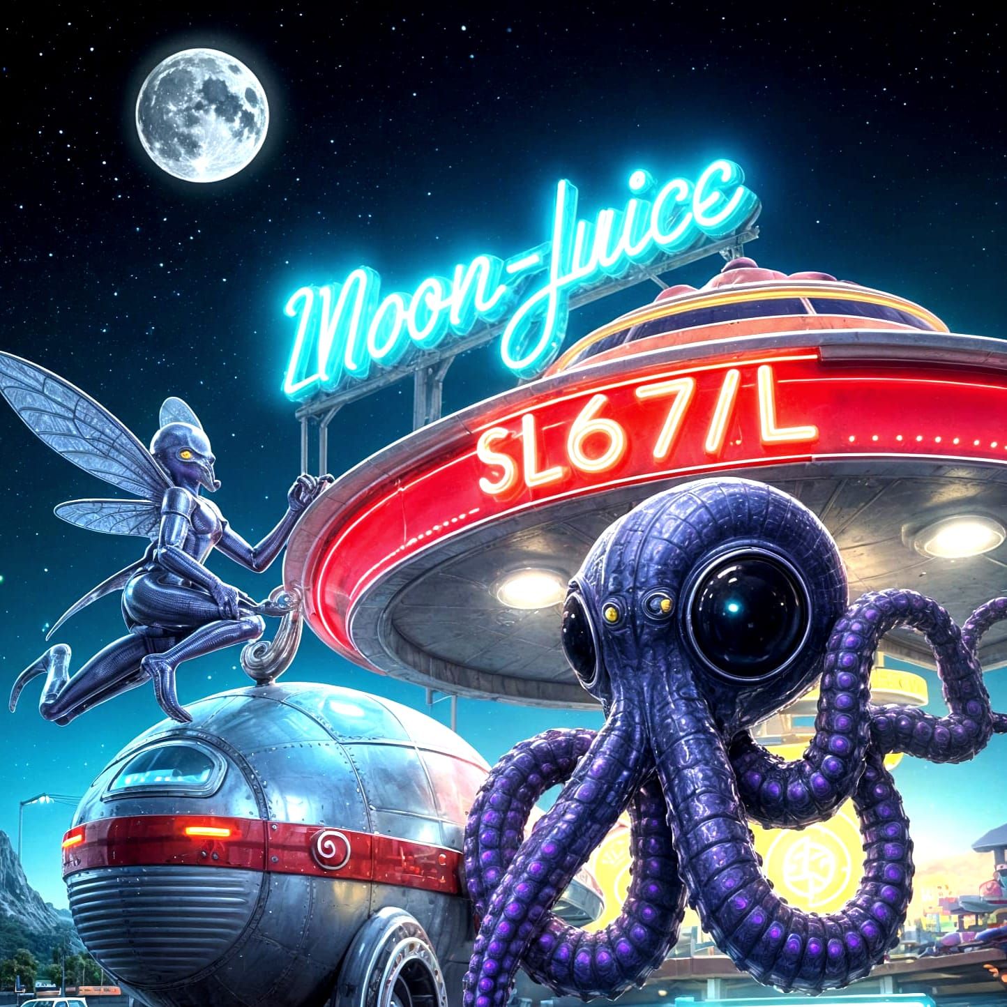 Retrofuturistic Alien Gas Station with Flying Saucers