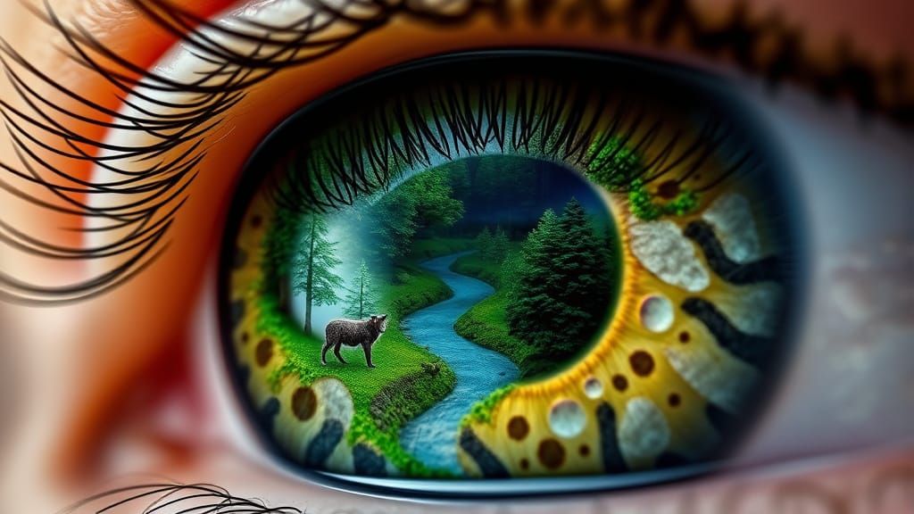 Miniature Forest Reflected in Eye Iris Macro