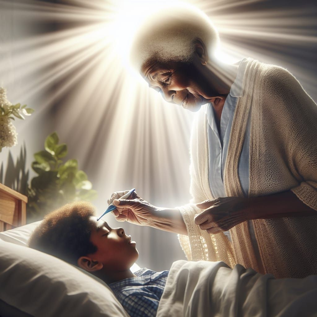 Grandmother's Affectionate Care for Sick Grandson