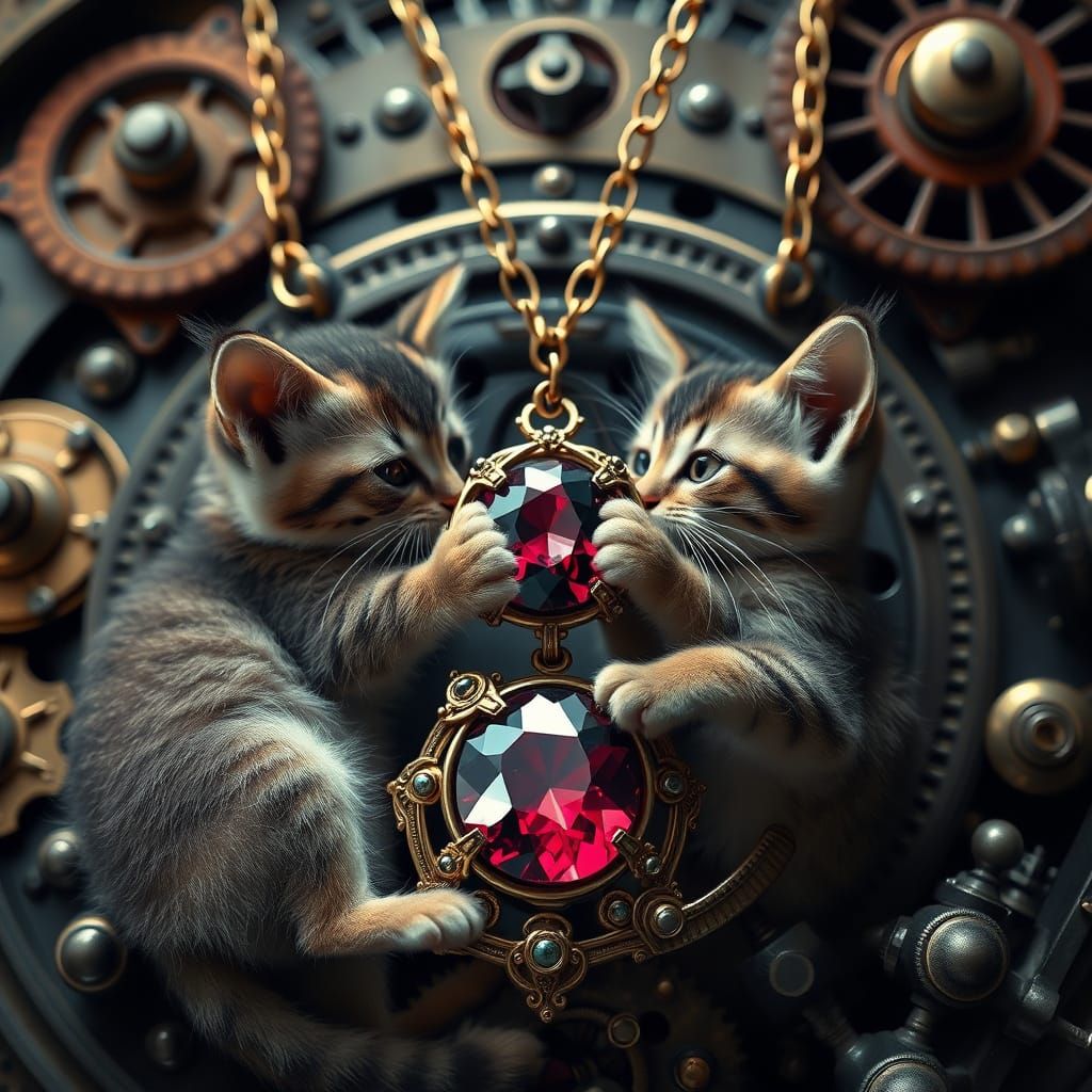Art Nouveau Necklace with Kittens and Steampunk Elements