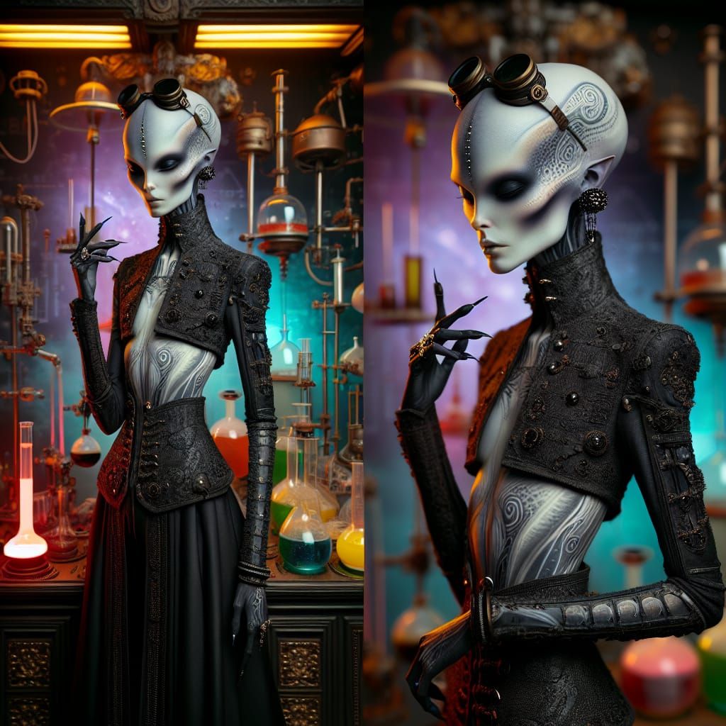 Ethereal Sci-Fi Alien Chemist in Dramatic Lab