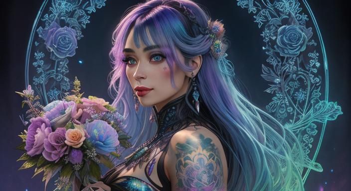 Bioluminescent Trans Girl with Bouquet: Watercolor Fantasy