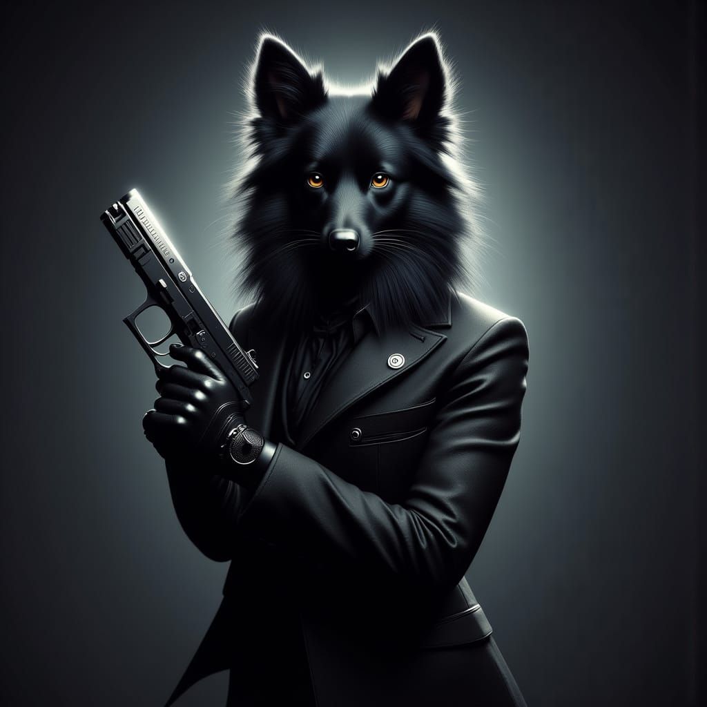 <lora:SumnerVision2:1.0> Anthro Border collie black furr black suit police armor and hood pistol