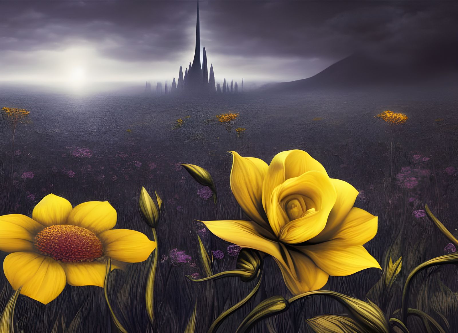 Yellow Flower and Dark Tower in Surreal Style
